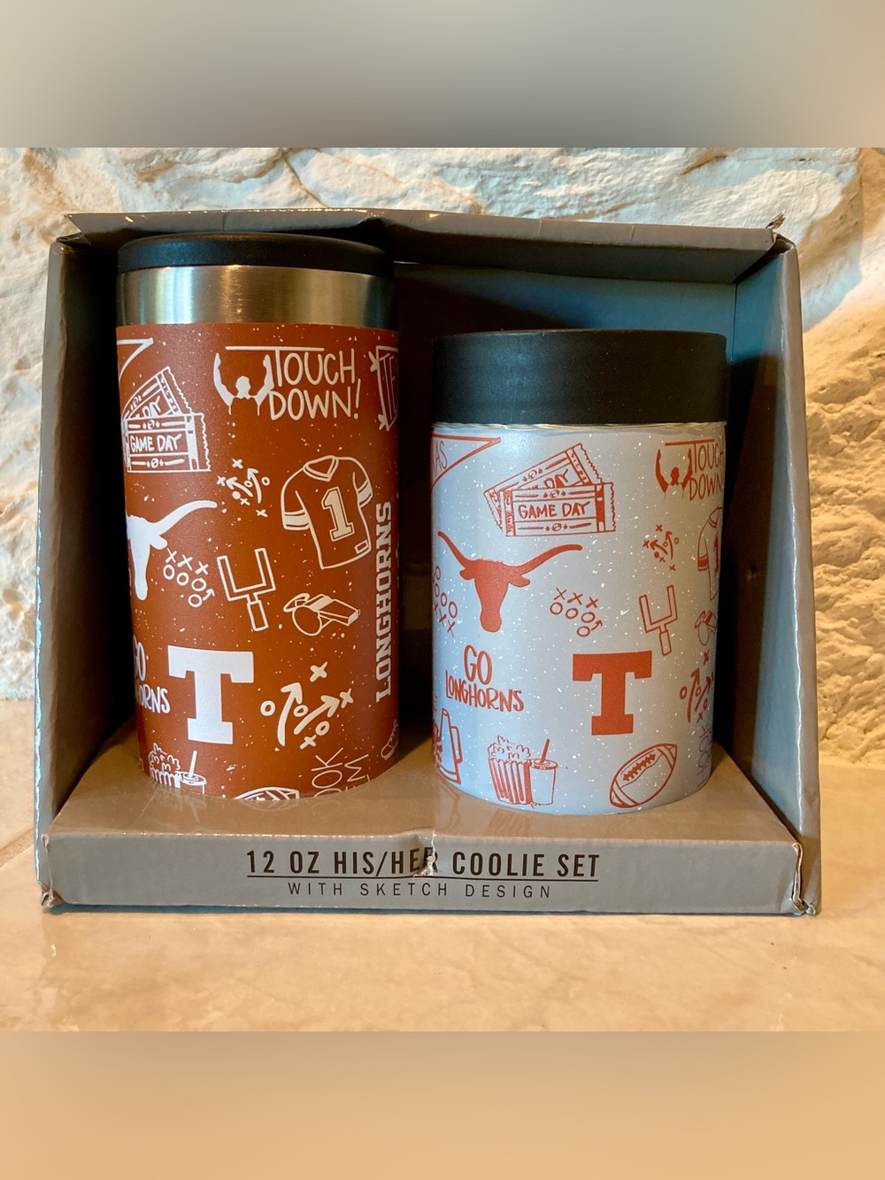 NIB Official licensed his/her 12oz. Coolie set, University of Texas Longhorns